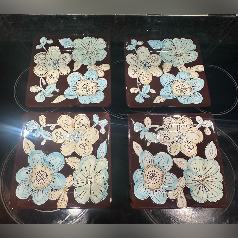 Pier One Set of 4 Salad/Luncheon Square 8.5" Floral Blue Brown Plates